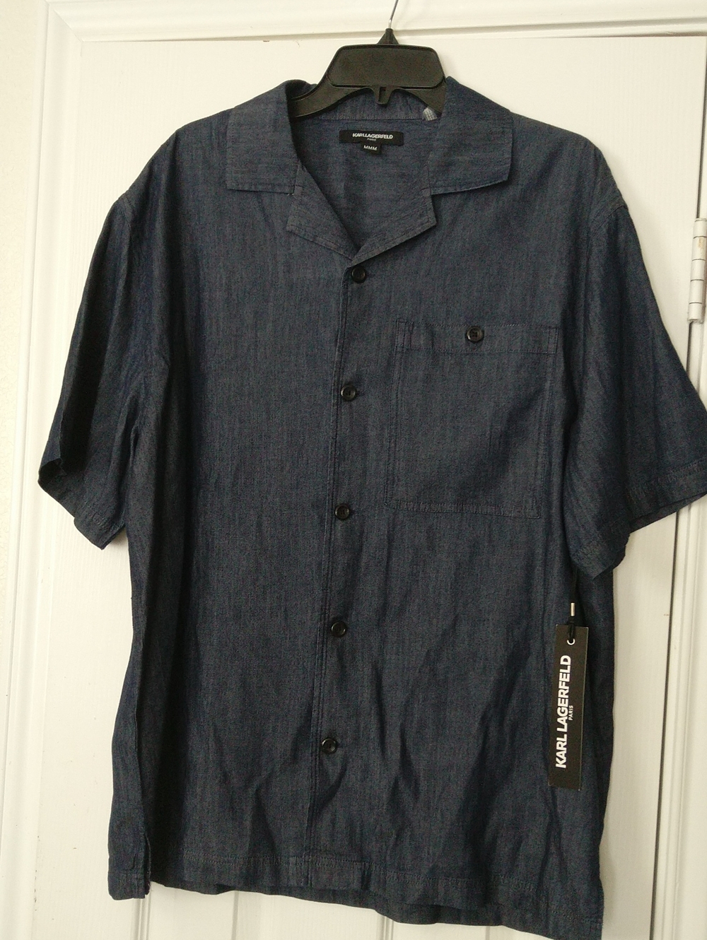 Karl Lagerfeld Paris Men's Chambray Dark Navy Short Sleeve Camp Shirt Sz M NWT